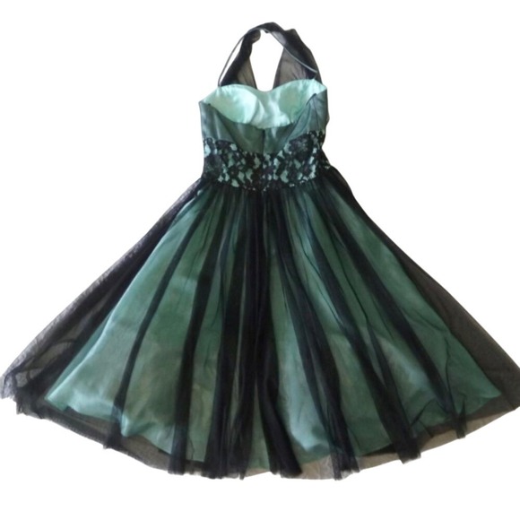Betsy & Adam Halter Dress Womens 8 Teal Black Tulle Lace Cocktail Prom